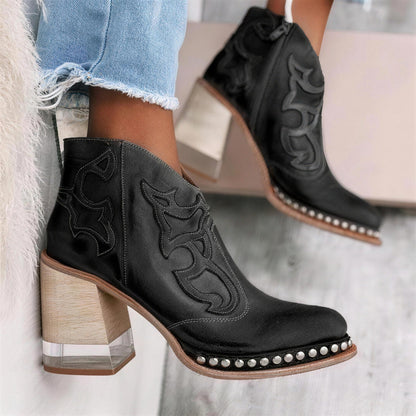 Women's Leather Boots Embroidered Pattern Block Heel 4